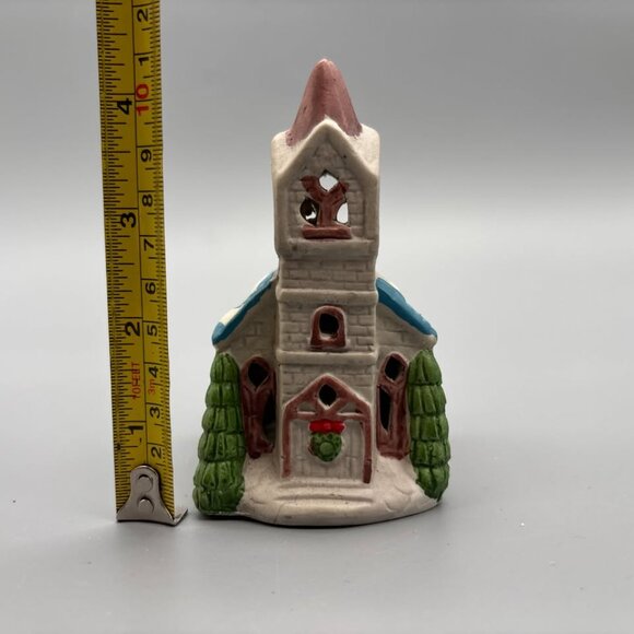 Set of 2 Vintage Ceramic Christmas Village Buildings – Red Church & Blue-Roof - Picture 3 of 8